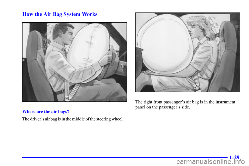 CHEVROLET ASTRO 2000  Owners Manual 1-29 How the Air Bag System Works
Where are the air bags?
The drivers air bag is in the middle of the steering wheel.
The right front passengers air bag is in the instrument
panel on the passengers