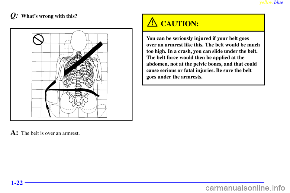 CHEVROLET ASTRO 1999  Owners Manual yellowblue     
1-22
Q:Whats wrong with this?
A:The belt is over an armrest.
CAUTION:
You can be seriously injured if your belt goes
over an armrest like this. The belt would be much
too high. In a c