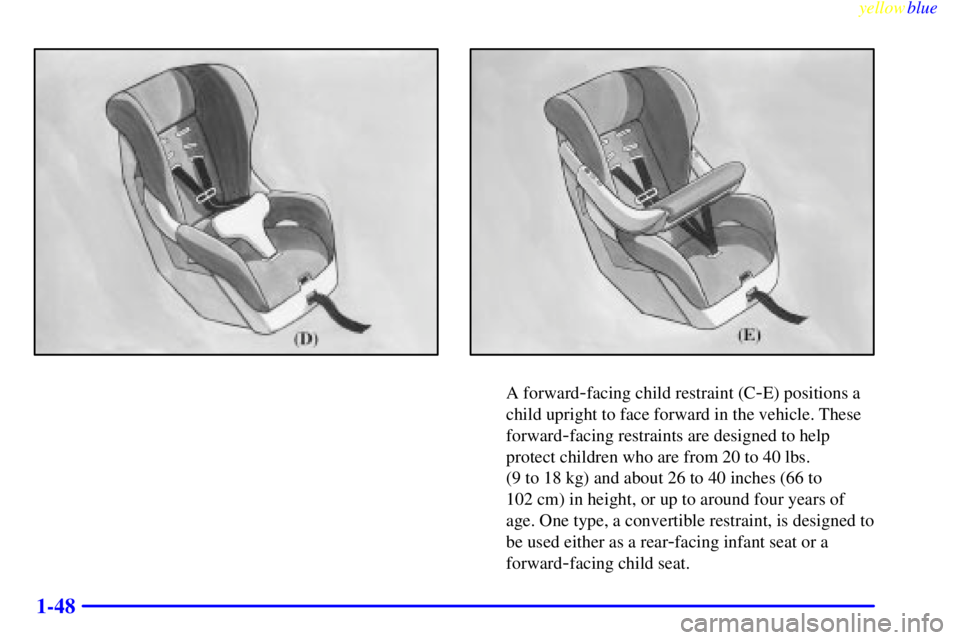 CHEVROLET ASTRO 1999  Owners Manual yellowblue     
1-48
A forward-facing child restraint (C-E) positions a
child upright to face forward in the vehicle. These
forward
-facing restraints are designed to help
protect children who are fro