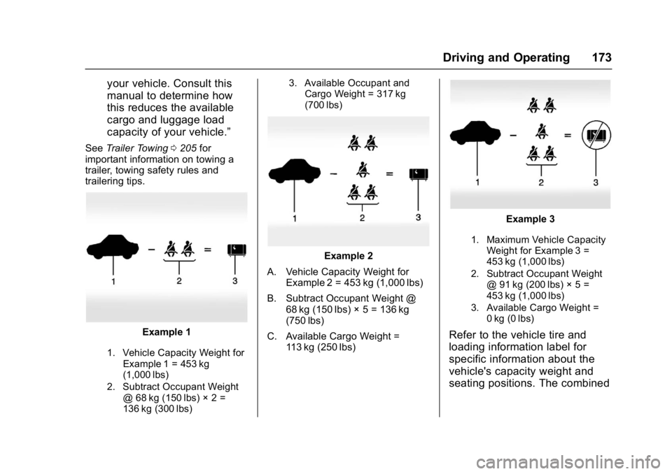 CHEVROLET CITY EXPRESS 2017 Owners Manual Chevrolet Express Owner Manual (GMNA-Localizing-U.S./Canada/Mexico-
9967827) - 2017 - crc - 9/26/16
Driving and Operating 173
your vehicle. Consult this
manual to determine how
this reduces the availa CHEVROLET CITY EXPRESS 2017 Owners Manual Chevrolet Express Owner Manual (GMNA-Localizing-U.S./Canada/Mexico-
9967827) - 2017 - crc - 9/26/16
Driving and Operating 173
your vehicle. Consult this
manual to determine how
this reduces the availa