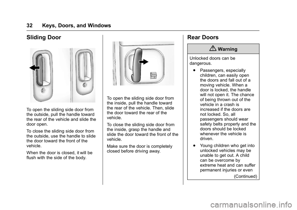 CHEVROLET CITY EXPRESS 2017 Owners Manual Chevrolet Express Owner Manual (GMNA-Localizing-U.S./Canada/Mexico-
9967827) - 2017 - crc - 9/26/16
32 Keys, Doors, and Windows
Sliding Door
To open the sliding side door from
the outside, pull the ha CHEVROLET CITY EXPRESS 2017 Owners Manual Chevrolet Express Owner Manual (GMNA-Localizing-U.S./Canada/Mexico-
9967827) - 2017 - crc - 9/26/16
32 Keys, Doors, and Windows
Sliding Door
To open the sliding side door from
the outside, pull the ha