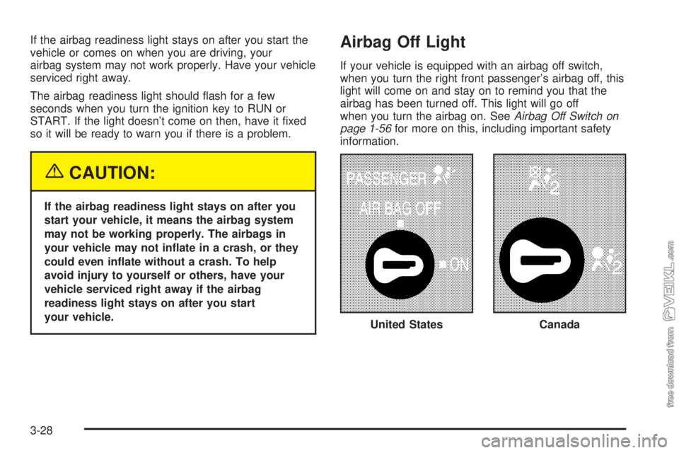 CHEVROLET KODIAK 2005  Owners Manual If the airbag readiness light stays on after you start the
vehicle or comes on when you are driving, your
airbag system may not work properly. Have your vehicle
serviced right away.
The airbag readine
