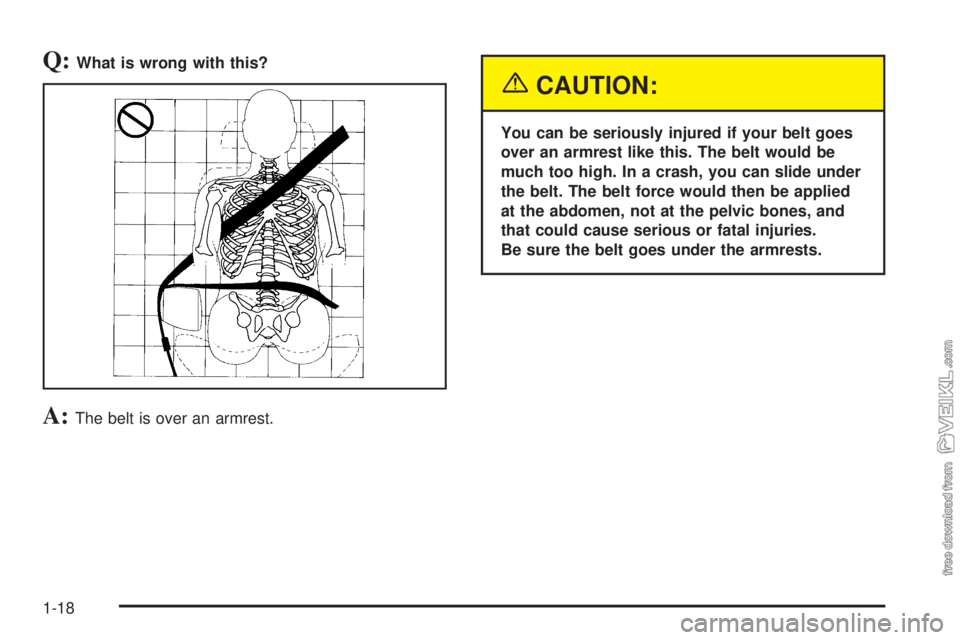 CHEVROLET KODIAK 2005  Owners Manual Q:What is wrong with this?
A:The belt is over an armrest.
{CAUTION:
You can be seriously injured if your belt goes
over an armrest like this. The belt would be
much too high. In a crash, you can slide