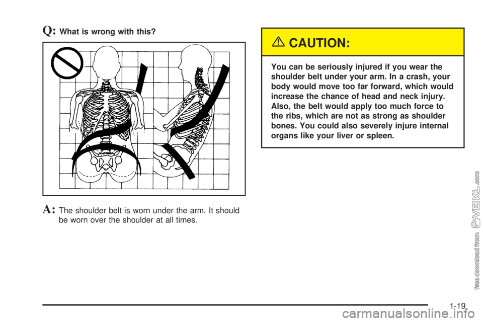 CHEVROLET KODIAK 2005  Owners Manual Q:What is wrong with this?
A:The shoulder belt is worn under the arm. It should
be worn over the shoulder at all times.
{CAUTION:
You can be seriously injured if you wear the
shoulder belt under your 