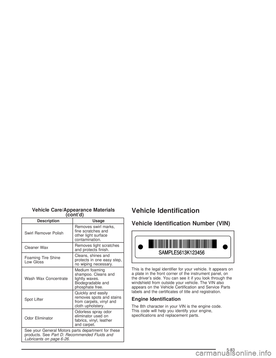 CHEVROLET AVEO 2002  Service Repair Manual Vehicle Care/Appearance Materials
(cont’d)
Description Usage
Swirl Remover PolishRemoves swirl marks,
ﬁne scratches and
other light surface
contamination.
Cleaner WaxRemoves light scratches
and pr