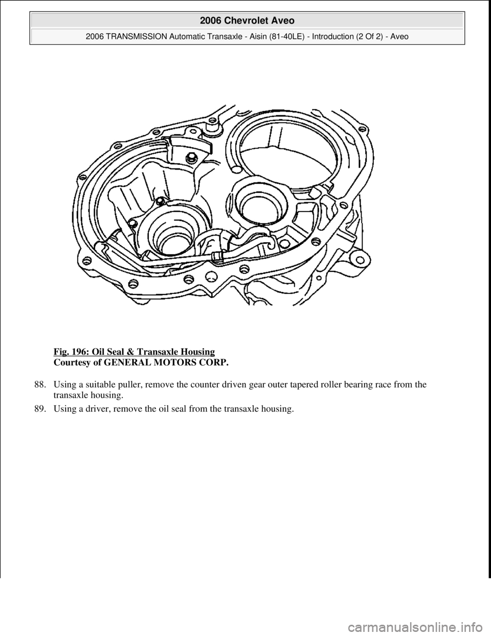 CHEVROLET AVEO 2002  Service Repair Manual Fig. 196: Oil Seal & Transaxle Housing 
Courtesy of GENERAL MOTORS CORP. 
88. Using a suitable puller, remove the counter driven gear outer tapered roller bearing race from the 
transaxle housing.  
8