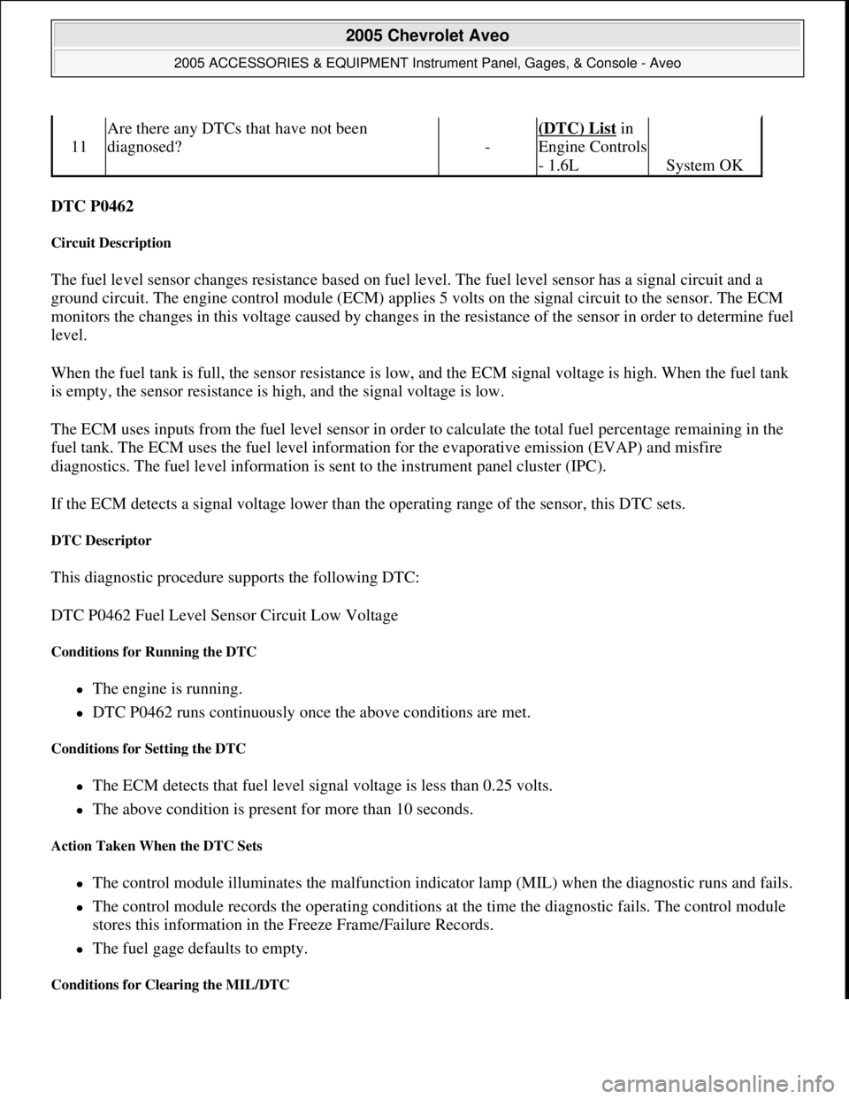 CHEVROLET AVEO 2002  Service Repair Manual DTC P0462 
Circuit Description 
The fuel level sensor changes resistance based on fuel level. The fuel level sensor has a signal circuit and a 
ground circuit. The engine control module (ECM) applies 