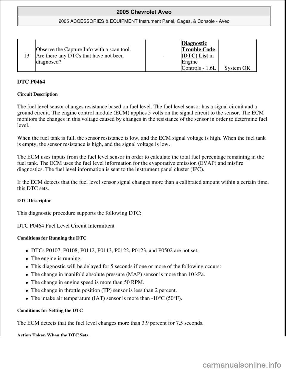 CHEVROLET AVEO 2002  Service Repair Manual DTC P0464 
Circuit Description 
The fuel level sensor changes resistance based on fuel level. The fuel level sensor has a signal circuit and a 
ground circuit. The engine control module (ECM) applies 