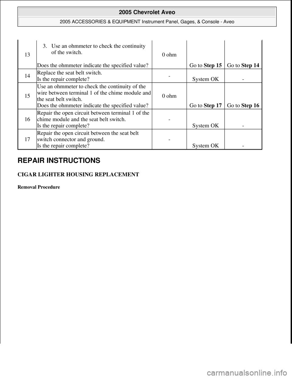 CHEVROLET AVEO 2002  Service Repair Manual REPAIR INSTRUCTIONS 
CIGAR LIGHTER HOUSING REPLACEMENT 
Removal Procedure 
13
3. Use an ohmmeter to check the continuity 
of the switch.  
Does the ohmmeter indicate the specified value?
0 ohm
Go to S