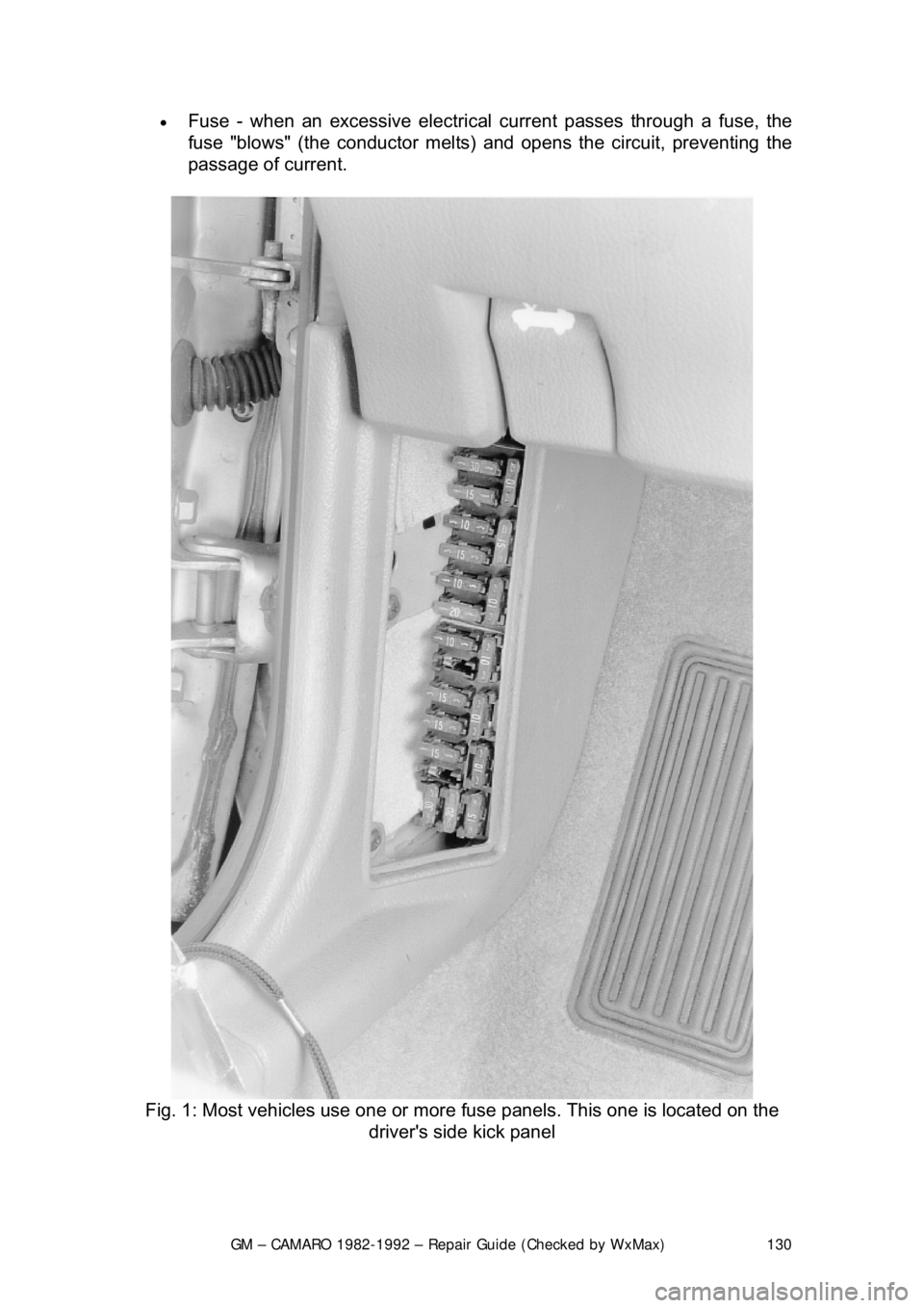 CHEVROLET CAMARO 1982  Repair Guide 
GM – CAMARO 1982-1992 – Repair Guide (Checked by WxMax) 130
•
 
Fuse - when an excessive electrical  current passes through a fuse, the 
fuse "blows" (the conductor melts)  and opens the circui