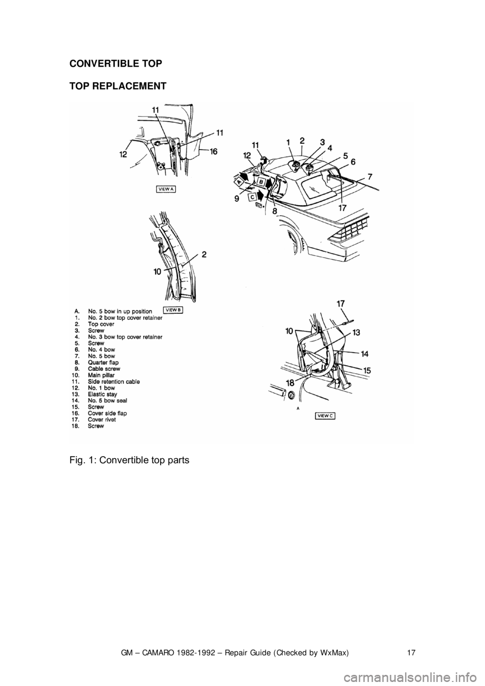 CHEVROLET CAMARO 1982  Repair Guide 
GM – CAMARO 1982-1992 – Repair Guide (Checked by WxMax) 17
CONVERTIBLE TOP  
 
TOP REPLACEMENT  
 
 
Fig. 1: Convertible top parts  
  