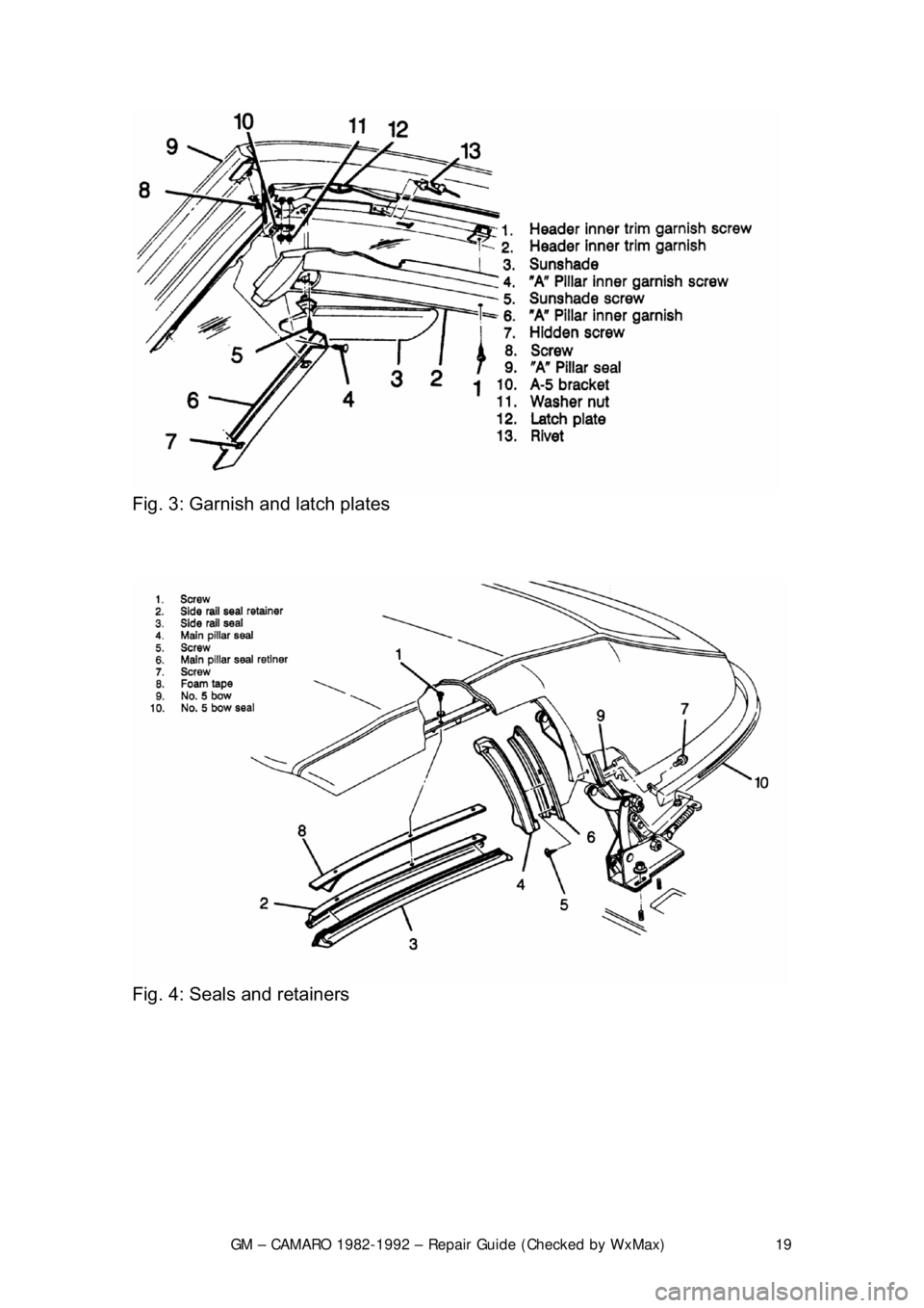 CHEVROLET CAMARO 1982  Repair Guide 
GM – CAMARO 1982-1992 – Repair Guide (Checked by WxMax) 19
 
Fig. 3: Garnish and latch plates  
 
 
Fig. 4: Seals and retainers  
  