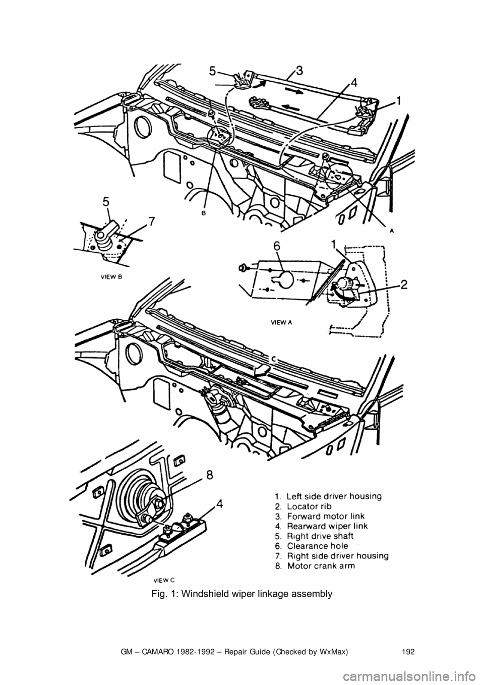 CHEVROLET CAMARO 1982  Repair Guide 
GM – CAMARO 1982-1992 – Repair Guide (Checked by WxMax) 192
 
Fig. 1: Windshield wiper linkage assembly 
  