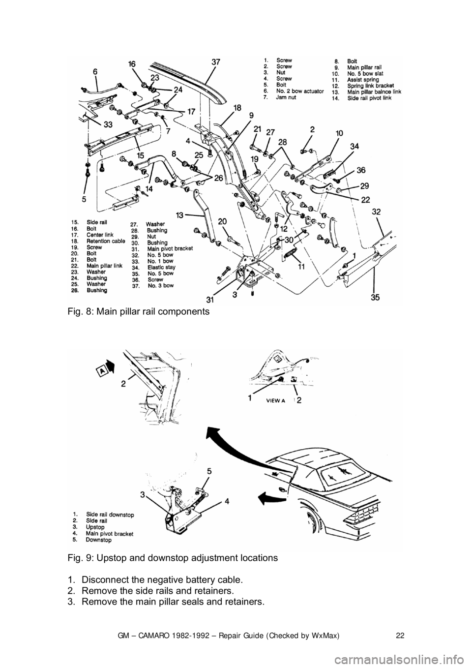 CHEVROLET CAMARO 1982  Repair Guide 
GM – CAMARO 1982-1992 – Repair Guide (Checked by WxMax) 22
 
Fig. 8: Main pillar rail components  
 
 
Fig. 9: Upstop and downst op adjustment locations  
1.  Disconnect the negative battery cabl