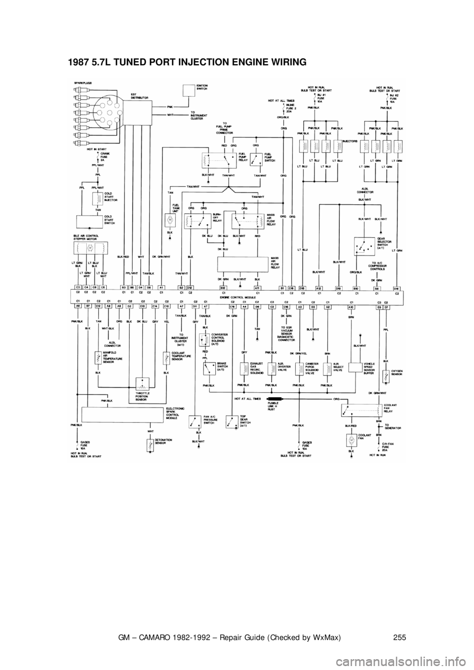 CHEVROLET CAMARO 1982  Repair Guide 
GM – CAMARO 1982-1992 – Repair Guide (Checked by WxMax) 255
1987 5.7L TUNED PORT INJECTION ENGINE WIRING  
 
 
 
 
 
 
  