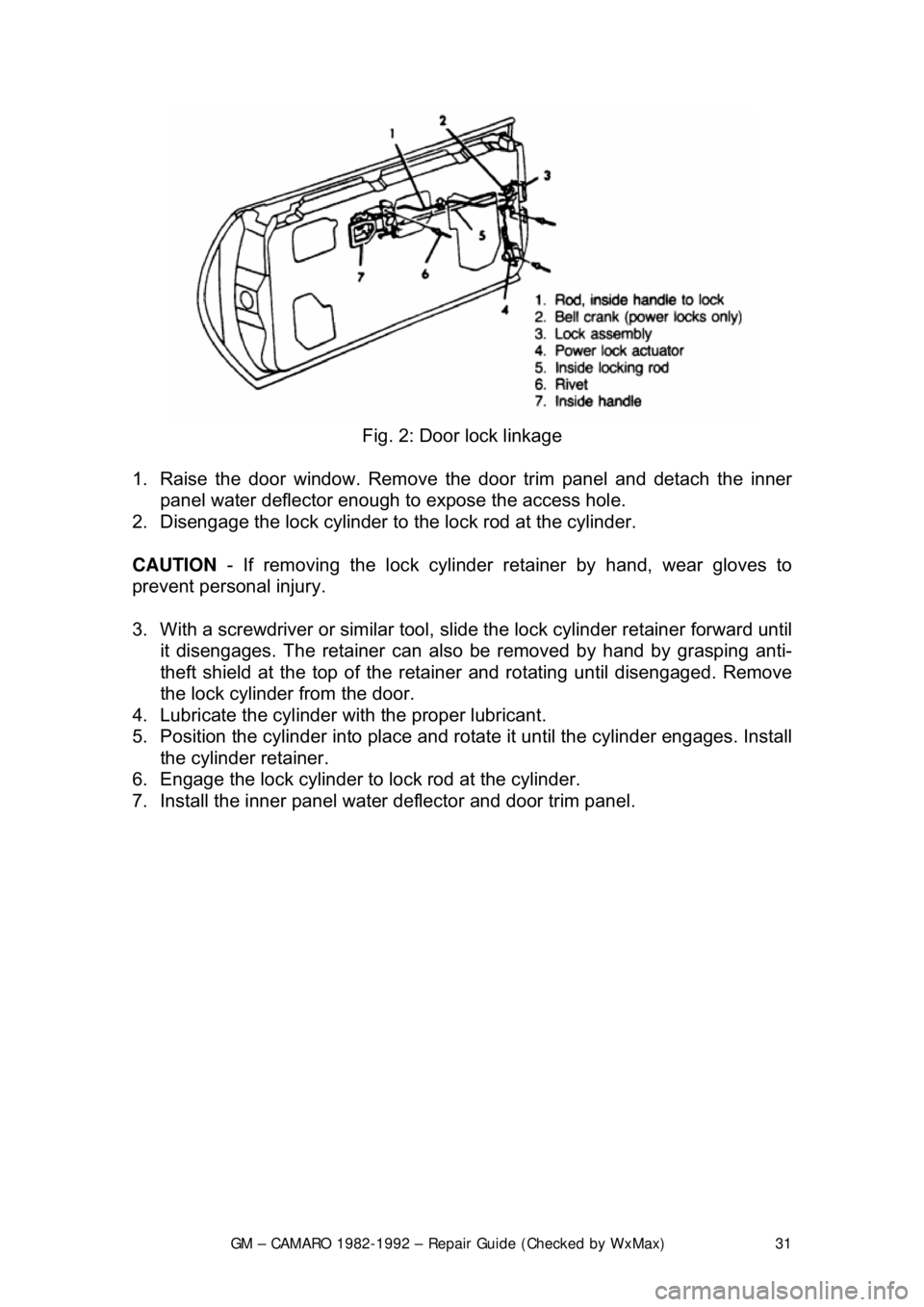 CHEVROLET CAMARO 1982  Repair Guide 
GM – CAMARO 1982-1992 – Repair Guide (Checked by WxMax) 31
 
Fig. 2: Door lock linkage 
1. Raise the door  window. Remove the door tr im panel and detach the inner 
panel water deflector enough t