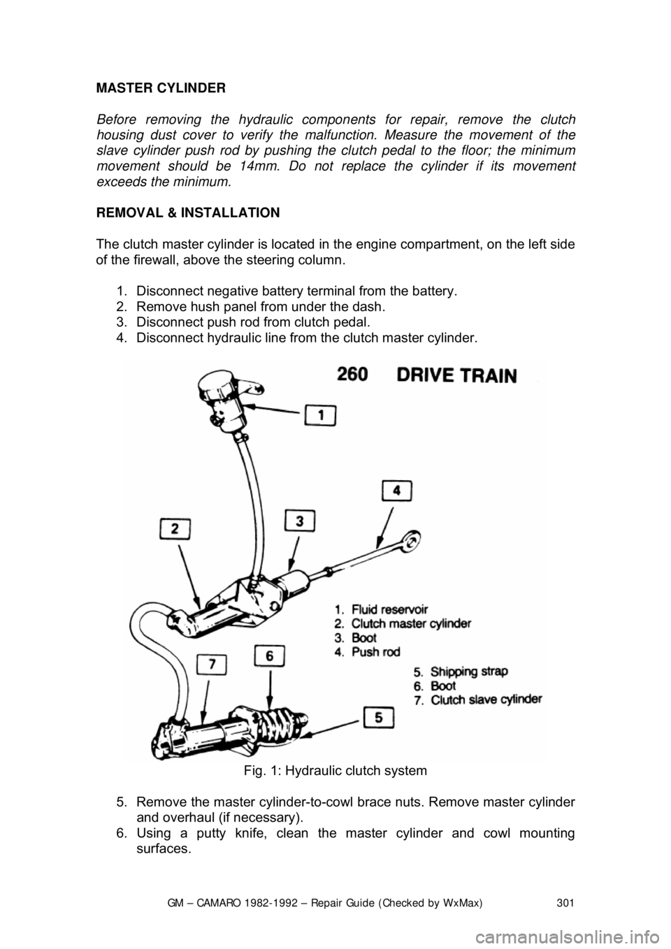 CHEVROLET CAMARO 1982  Repair Guide 
GM – CAMARO 1982-1992 – Repair Guide (Checked by WxMax) 301
MASTER CYLINDER 
Before removing the hydraulic compon
ents for repair, remove the clutch 
housing dust cover to verify the malf unction