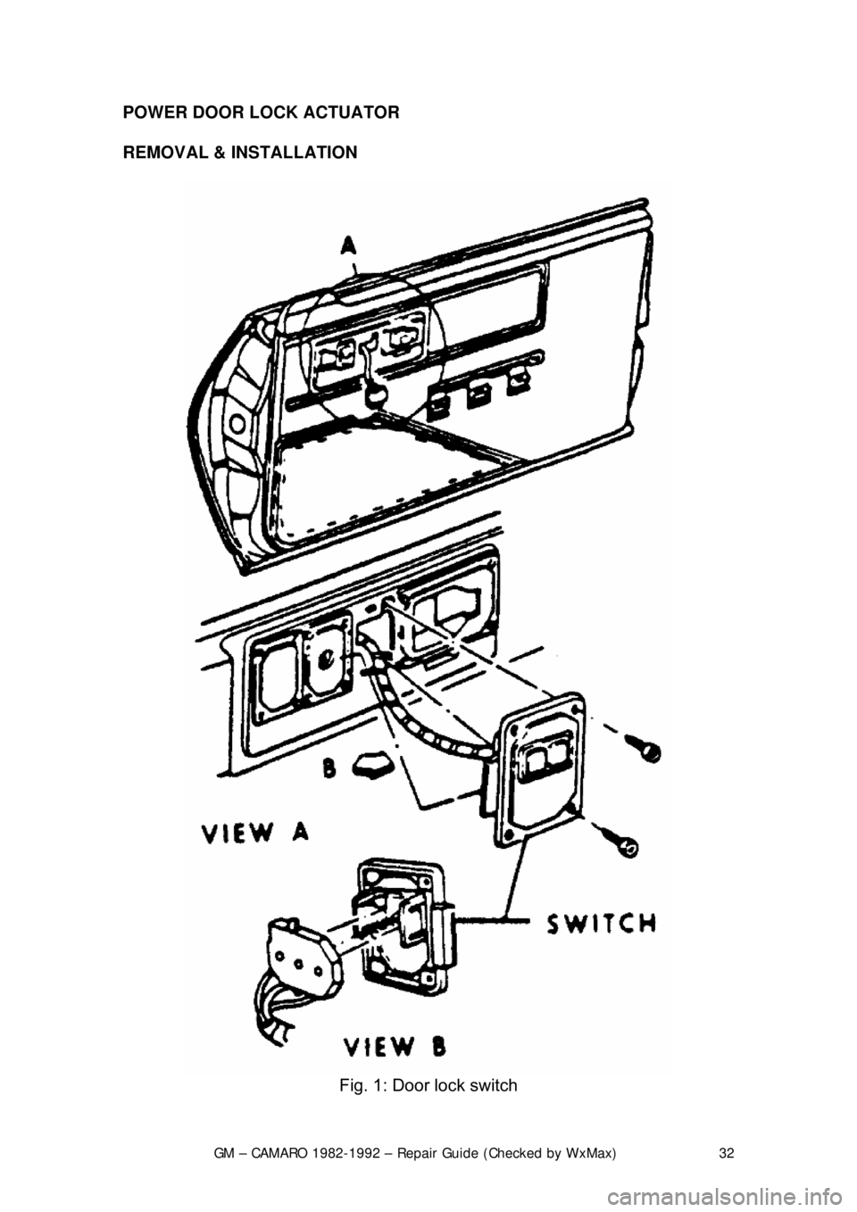 CHEVROLET CAMARO 1982  Repair Guide 
GM – CAMARO 1982-1992 – Repair Guide (Checked by WxMax) 32
POWER DOOR LOCK ACTUATOR 
REMOVAL & INSTALLATION 
 
Fig. 1: Door lock switch  