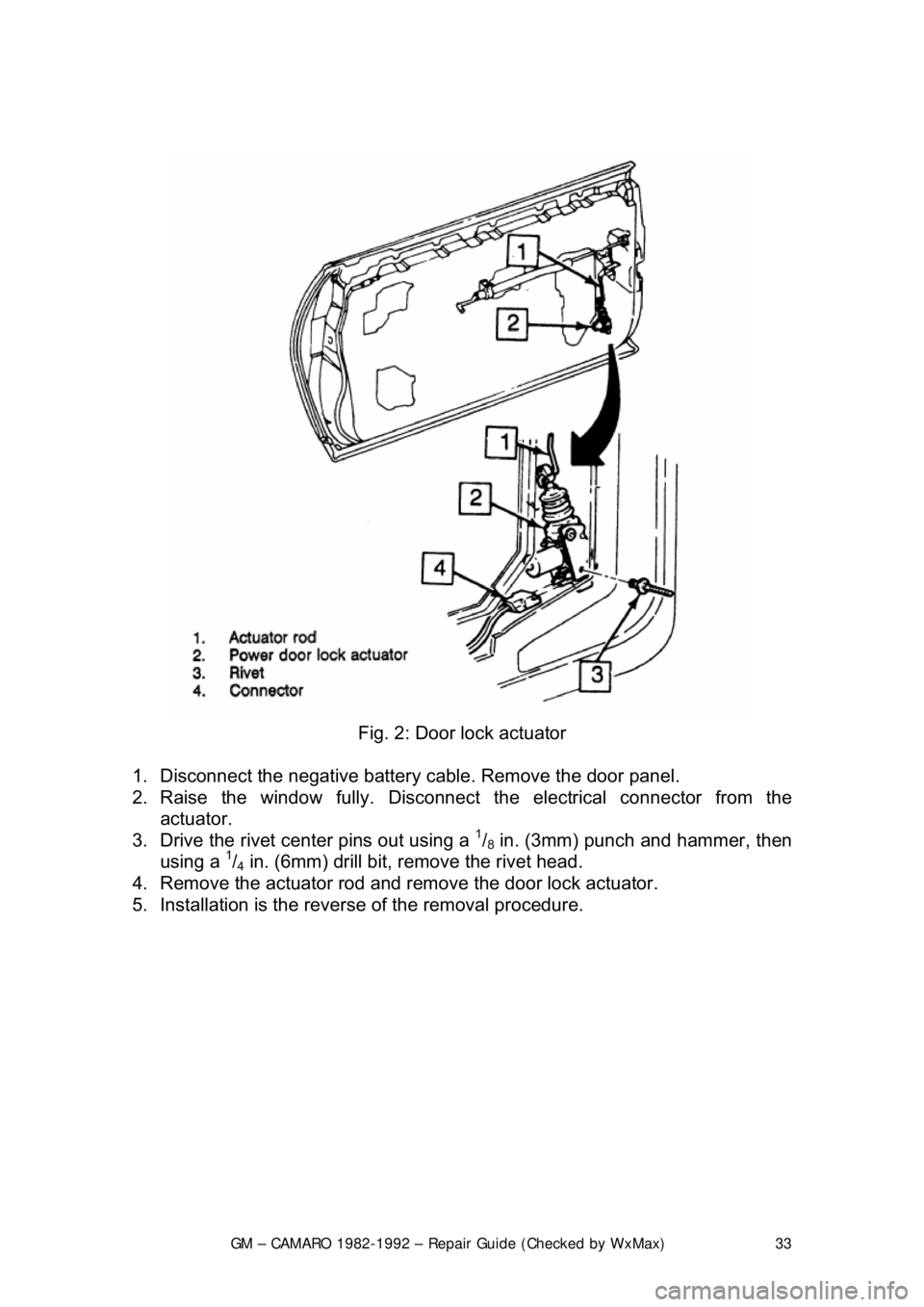 CHEVROLET CAMARO 1982  Repair Guide 
GM – CAMARO 1982-1992 – Repair Guide (Checked by WxMax) 33
 
 
Fig. 2: Door lock actuator 
1.  Disconnect the negative battery c able. Remove the door panel.  
2. Raise the window fully. Disconne
