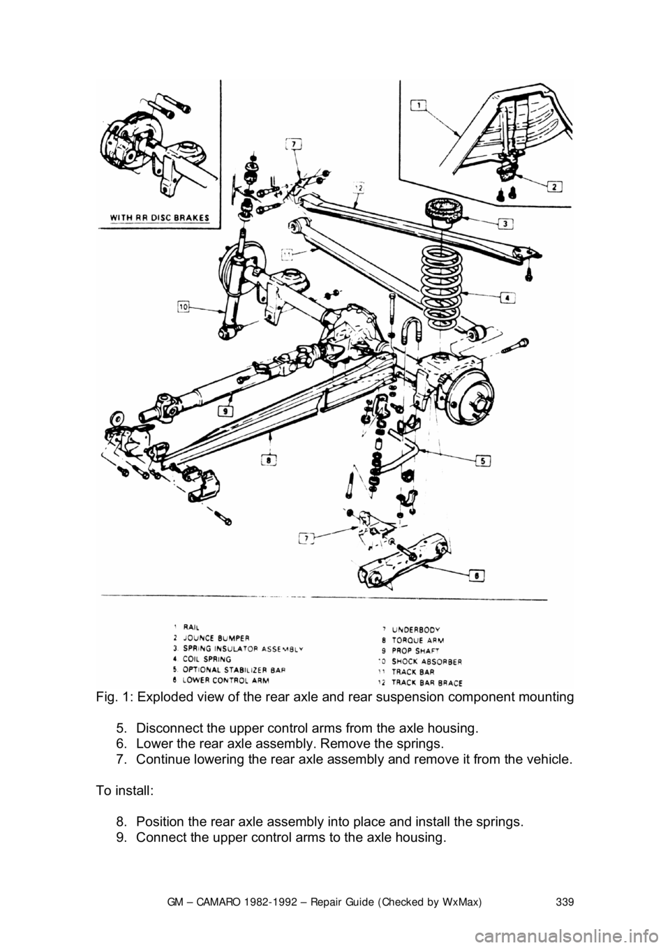 CHEVROLET CAMARO 1982  Repair Guide 
GM – CAMARO 1982-1992 – Repair Guide (Checked by WxMax) 339
 
Fig. 1: Exploded view of  the rear axle and rear suspension component mounting 
5.  Disconnect the upper control ar ms from the axle 