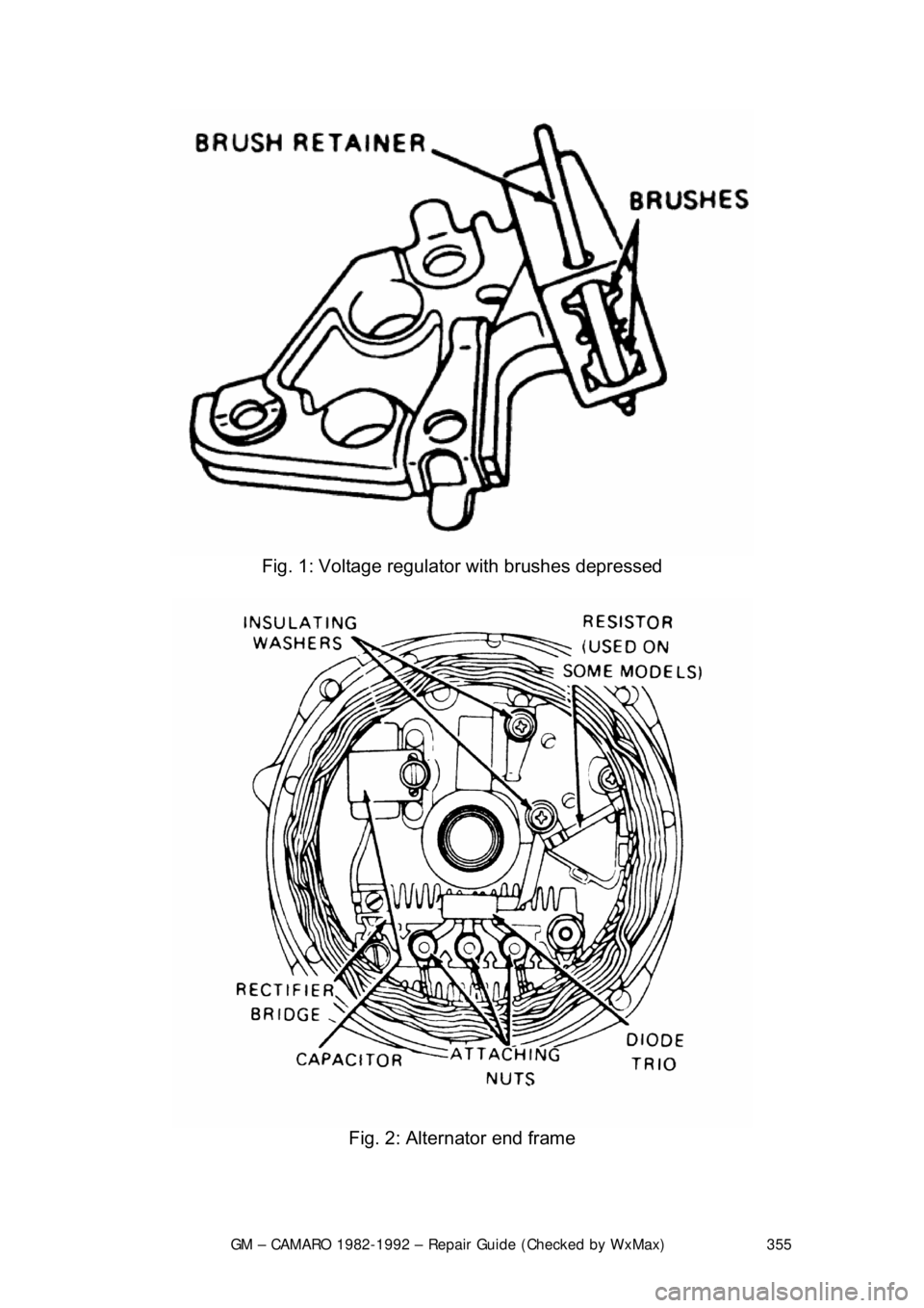 CHEVROLET CAMARO 1982  Repair Guide 
GM – CAMARO 1982-1992 – Repair Guide (Checked by WxMax) 355
 
Fig. 1: Voltage regulator  with brushes depressed 
 
Fig. 2: Alternator end frame  