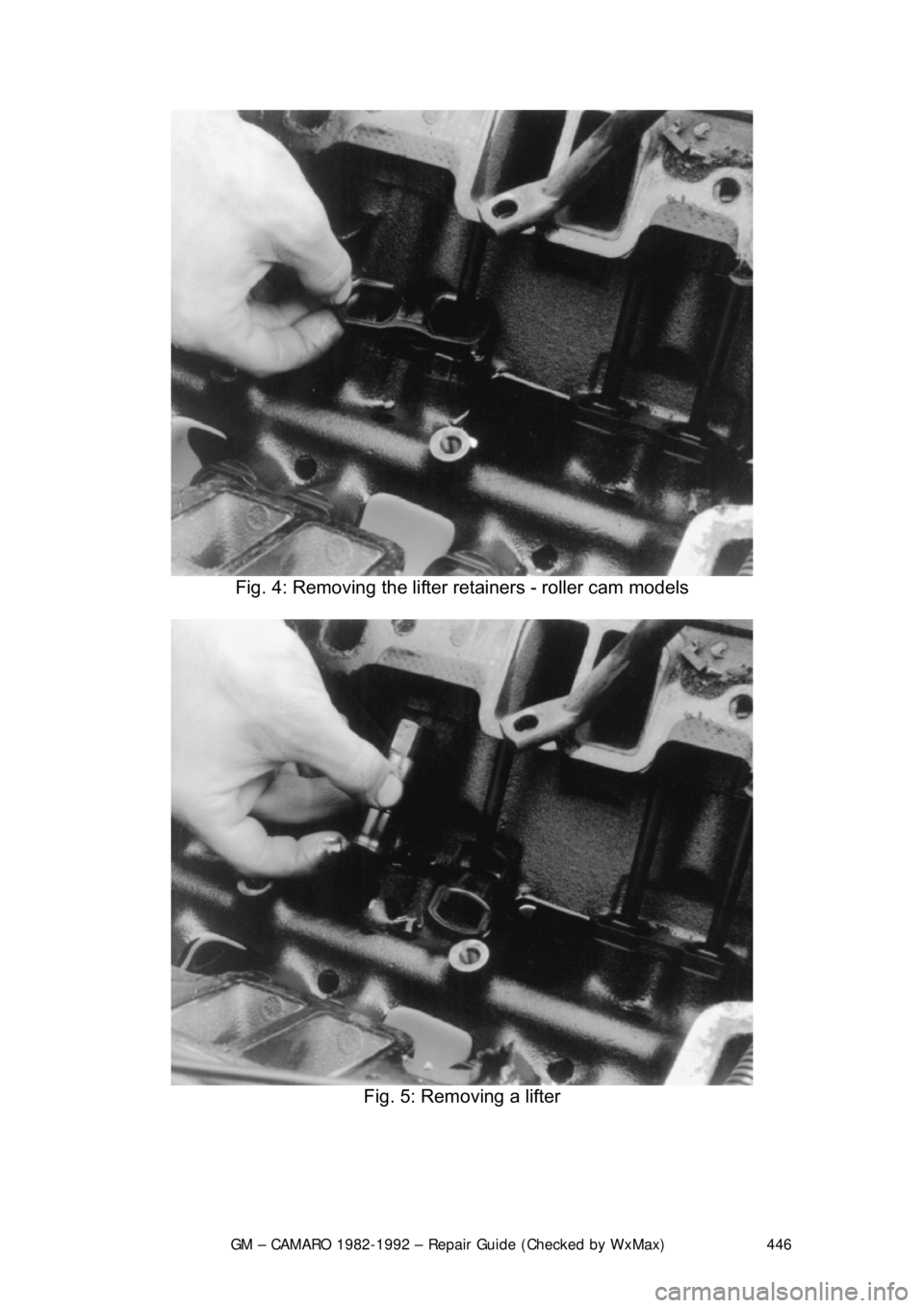 CHEVROLET CAMARO 1982  Repair Guide 
GM – CAMARO 1982-1992 – Repair Guide (Checked by WxMax) 446
 
Fig. 4: Removing the lifter re tainers - roller cam models 
 
Fig. 5: Removing a lifter 
  