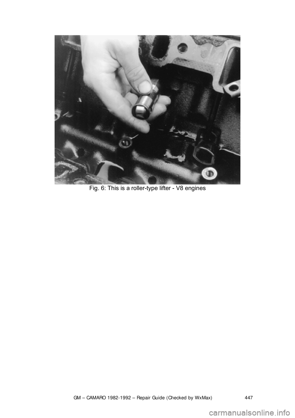 CHEVROLET CAMARO 1982  Repair Guide 
GM – CAMARO 1982-1992 – Repair Guide (Checked by WxMax) 447
 
Fig. 6: This is a roller-type lifter - V8 engines 
  