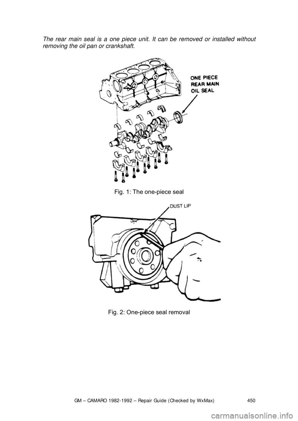 CHEVROLET CAMARO 1982  Repair Guide 
GM – CAMARO 1982-1992 – Repair Guide (Checked by WxMax) 450
The rear main seal is a 
one piece unit. It can be re moved or installed without 
removing the oil pan or crankshaft.   
 
Fig. 1: The 