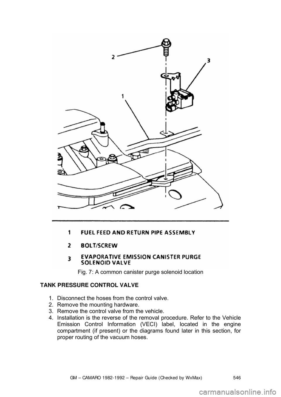 CHEVROLET CAMARO 1982  Repair Guide 
GM – CAMARO 1982-1992 – Repair Guide (Checked by WxMax) 546
 
Fig. 7: A common canister  purge solenoid location 
TANK PRESSURE CONTROL VALVE   1.  Disconnect the hoses fr om the control valve.  