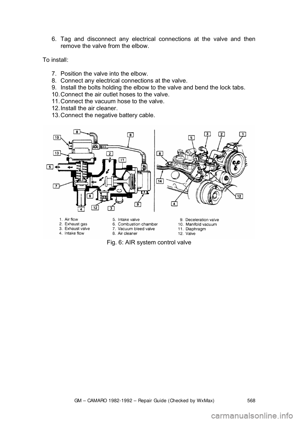 CHEVROLET CAMARO 1982  Repair Guide 
GM – CAMARO 1982-1992 – Repair Guide (Checked by WxMax) 568
6.  Tag and disconnect any electrical 
connections at the valve and then 
remove the valve from the elbow.  
To install:   7.  Position
