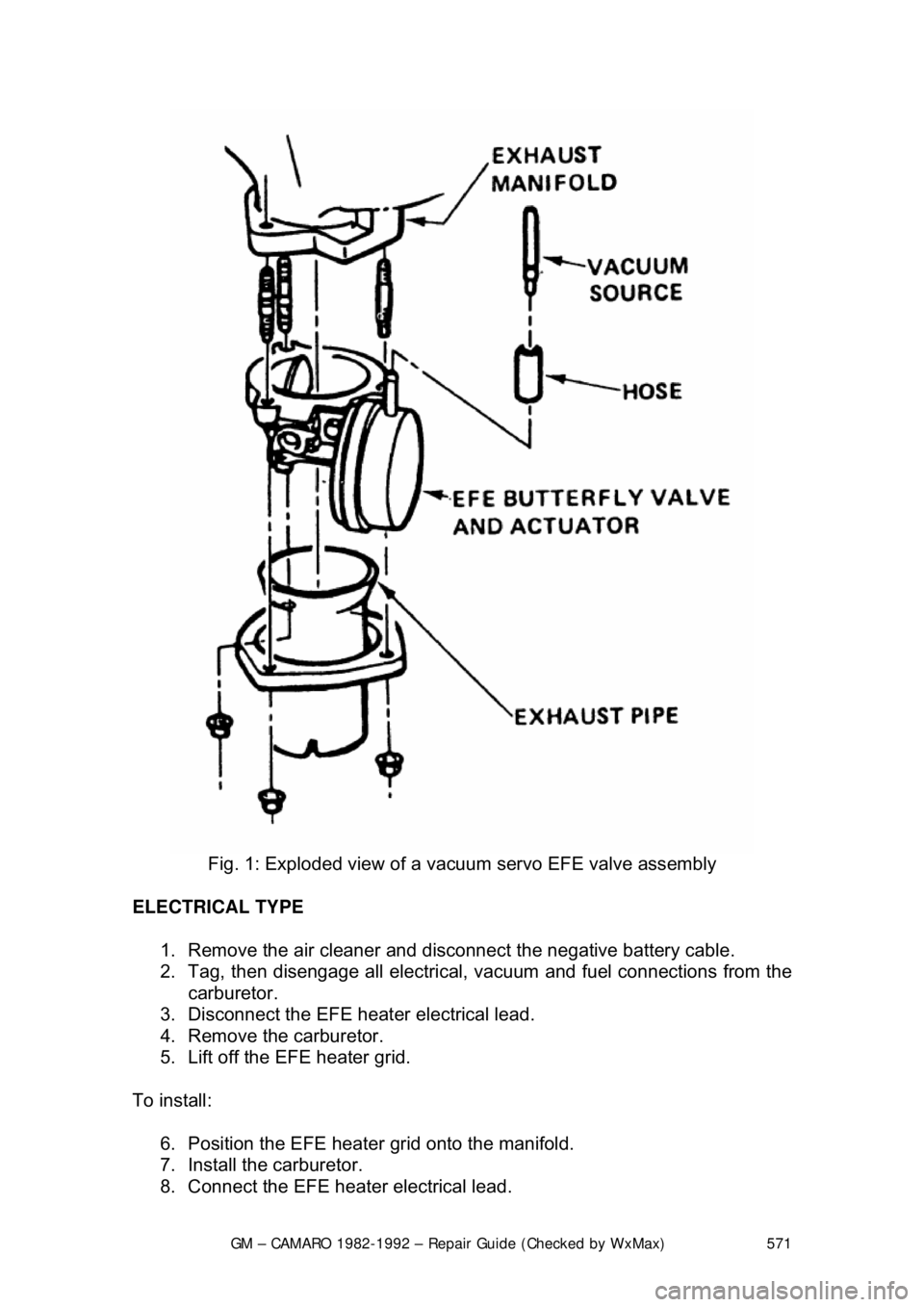 CHEVROLET CAMARO 1982  Repair Guide 
GM – CAMARO 1982-1992 – Repair Guide (Checked by WxMax) 571
 
Fig. 1: Exploded view of a vacuum servo EFE valve assembly 
ELECTRICAL TYPE   1.  Remove the air cleaner and disconnect the negative 