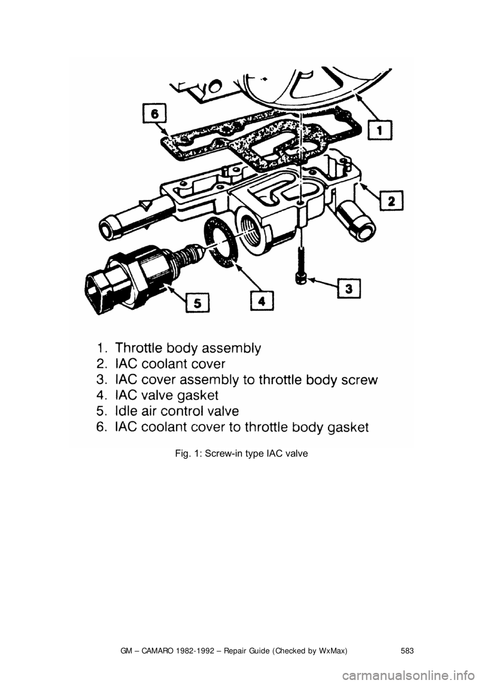 CHEVROLET CAMARO 1982  Repair Guide 
GM – CAMARO 1982-1992 – Repair Guide (Checked by WxMax) 583
 
Fig. 1: Screw-in type IAC valve 
  