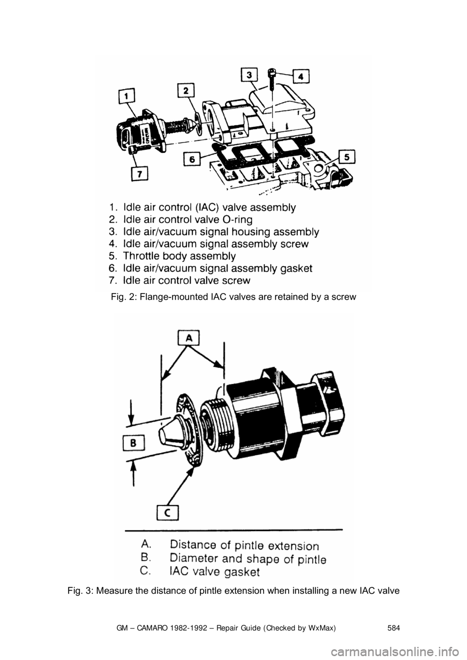 CHEVROLET CAMARO 1982  Repair Guide 
GM – CAMARO 1982-1992 – Repair Guide (Checked by WxMax) 584
 
Fig. 2: Flange-mounted IAC valves are retained by a screw 
 
Fig. 3: Measure the distance of pintle  extension when installing a new 