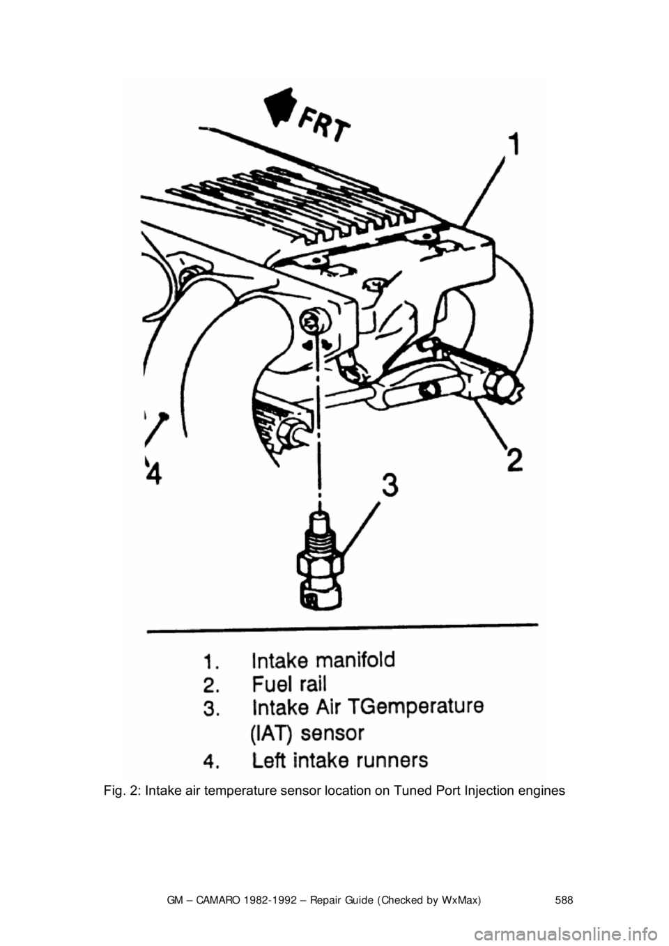 CHEVROLET CAMARO 1982  Repair Guide 
GM – CAMARO 1982-1992 – Repair Guide (Checked by WxMax) 588
 
Fig. 2: Intake air temperature sensor  location on Tuned Port Injection engines 
  