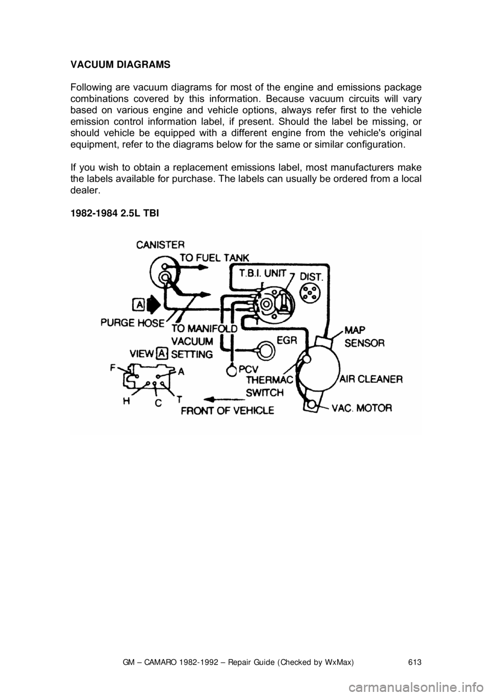 CHEVROLET CAMARO 1982  Repair Guide 
GM – CAMARO 1982-1992 – Repair Guide (Checked by WxMax) 613
VACUUM DIAGRAMS 
 
Following are vacuum diagrams for mo
st of the engine and emissions package 
combinations covered by this informati 