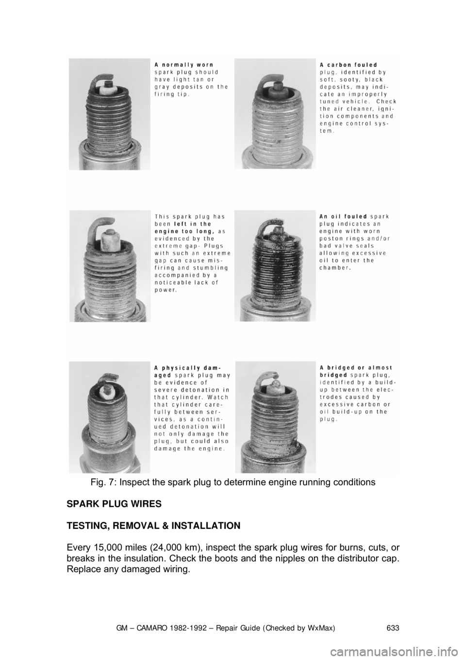 CHEVROLET CAMARO 1982  Repair Guide 
GM – CAMARO 1982-1992 – Repair Guide (Checked by WxMax) 633
 
Fig. 7: Inspect the spark plug to  determine engine running conditions 
SPARK PLUG WIRES 
TESTING, REMOVAL & INSTALLATION  
Every 15,