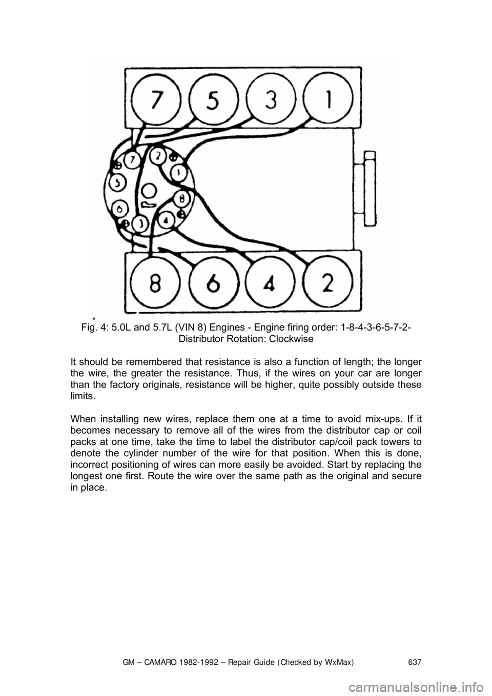 CHEVROLET CAMARO 1982  Repair Guide 
GM – CAMARO 1982-1992 – Repair Guide (Checked by WxMax) 637
 
Fig. 4: 5.0L and 5.7L (VIN 8) Engines -  Engine firing order: 1-8-4-3-6-5-7-2- 
Distributor Rotation: Clockwise 
It should be remembe