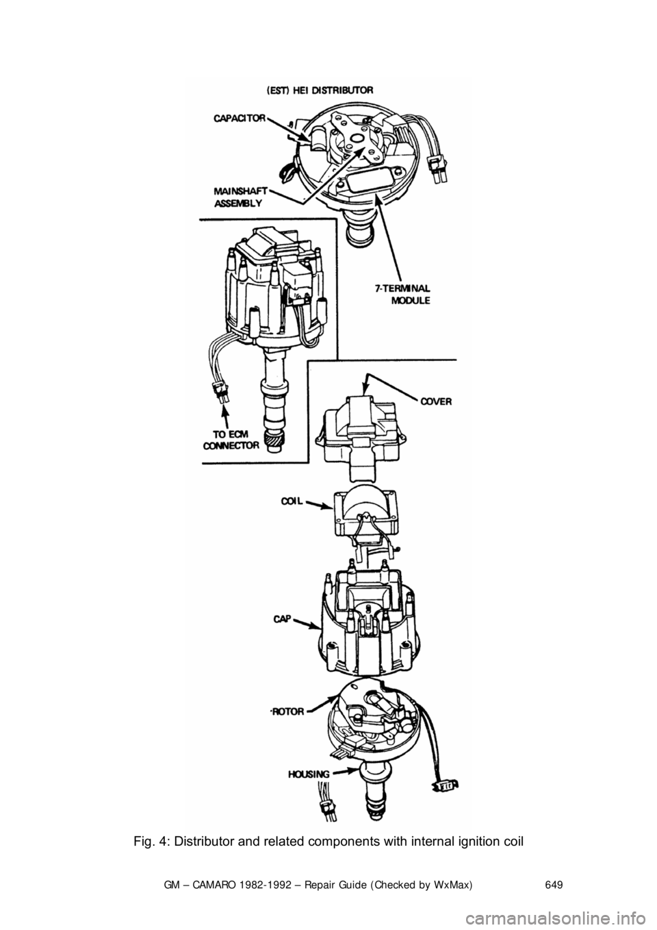 CHEVROLET CAMARO 1982  Repair Guide 
GM – CAMARO 1982-1992 – Repair Guide (Checked by WxMax) 649
 
Fig. 4: Distributor and related com ponents with internal ignition coil  
