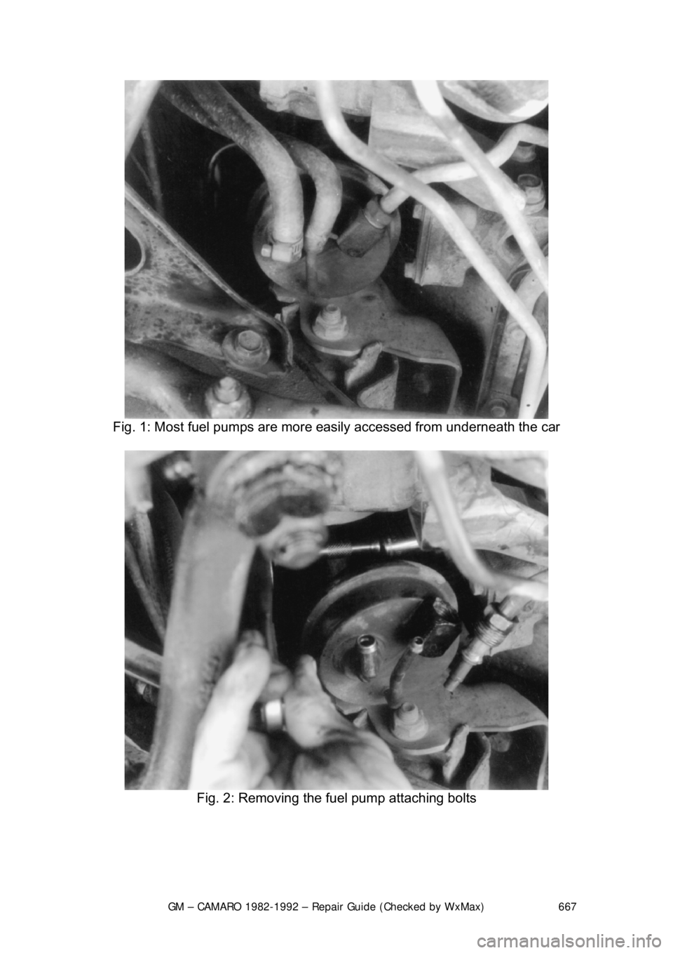 CHEVROLET CAMARO 1982  Repair Guide 
GM – CAMARO 1982-1992 – Repair Guide (Checked by WxMax) 667
 
Fig. 1: Most fuel pumps are more  easily accessed from underneath the car 
 
Fig. 2: Removing the fuel pump attaching bolts 
  