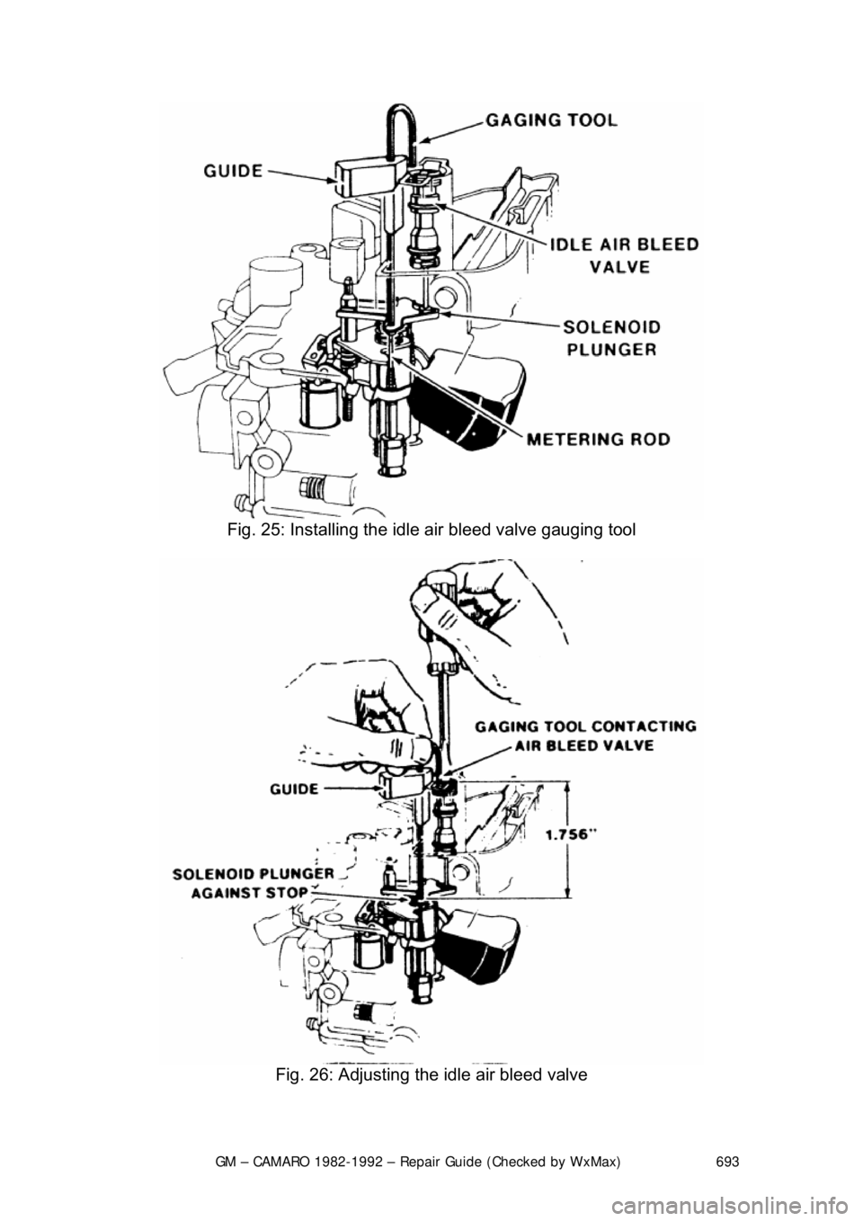 CHEVROLET CAMARO 1982  Repair Guide 
GM – CAMARO 1982-1992 – Repair Guide (Checked by WxMax) 693
 
Fig. 25: Installing the idle air bleed valve gauging tool 
 
Fig. 26: Adjusting the idle air bleed valve  