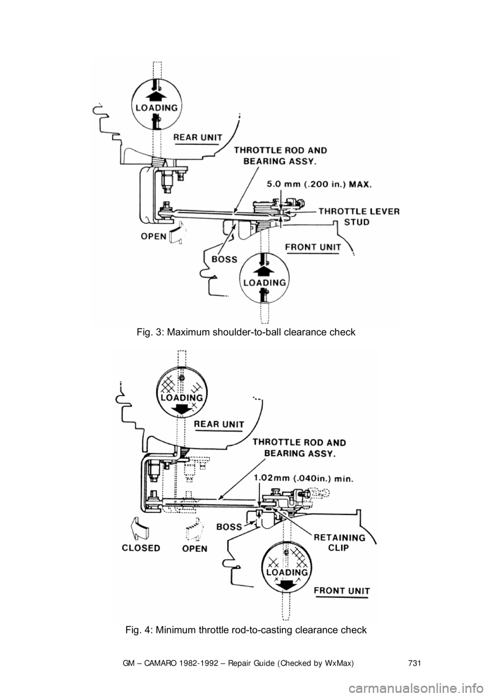 CHEVROLET CAMARO 1982  Repair Guide 
GM – CAMARO 1982-1992 – Repair Guide (Checked by WxMax) 731
 
Fig. 3: Maximum shoulder-to-ball clearance check 
 
Fig. 4: Minimum throttle r od-to-casting clearance check  