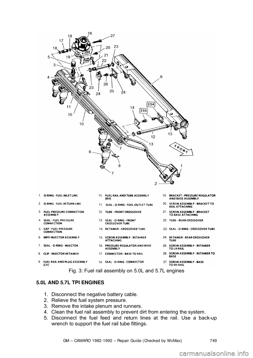 CHEVROLET CAMARO 1982  Repair Guide 
GM – CAMARO 1982-1992 – Repair Guide (Checked by WxMax) 749
 
Fig. 3: Fuel rail assembly on 5.0L and 5.7L engines 
5.0L AND 5.7L TPI ENGINES   1.  Disconnect the negative battery cable.  
2.  Rel