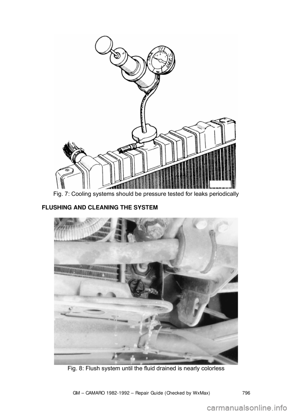 CHEVROLET CAMARO 1982  Repair Guide 
GM – CAMARO 1982-1992 – Repair Guide (Checked by WxMax) 796
 
Fig. 7: Cooling systems should be pr essure tested for leaks periodically 
FLUSHING AND CLEANING THE SYSTEM  
 
Fig. 8: Flush system 
