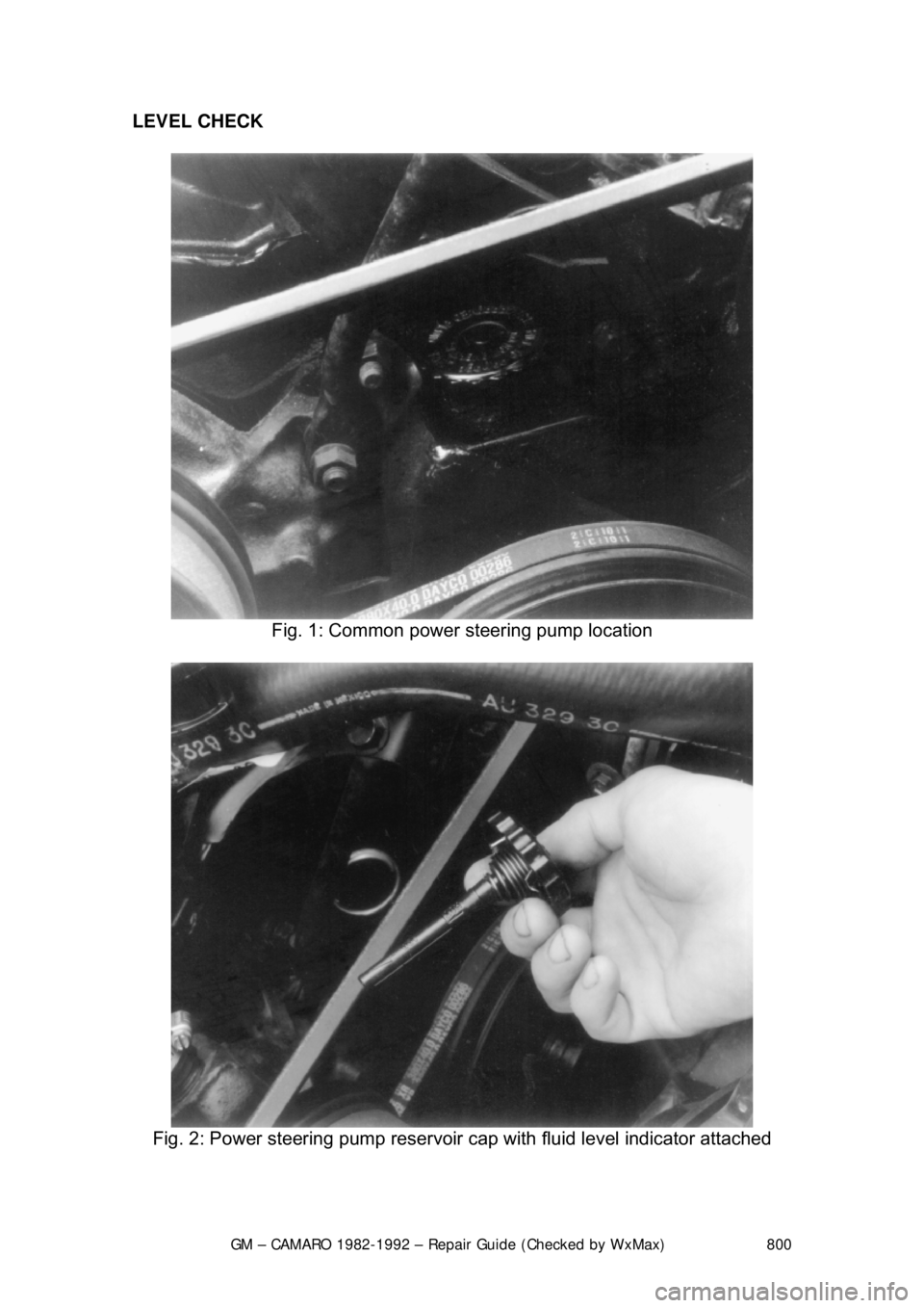 CHEVROLET CAMARO 1982  Repair Guide 
GM – CAMARO 1982-1992 – Repair Guide (Checked by WxMax) 800
LEVEL CHECK  
 
Fig. 1: Common power  steering pump location 
 
Fig. 2: Power steering pump reservoir  cap with fluid level indicator a