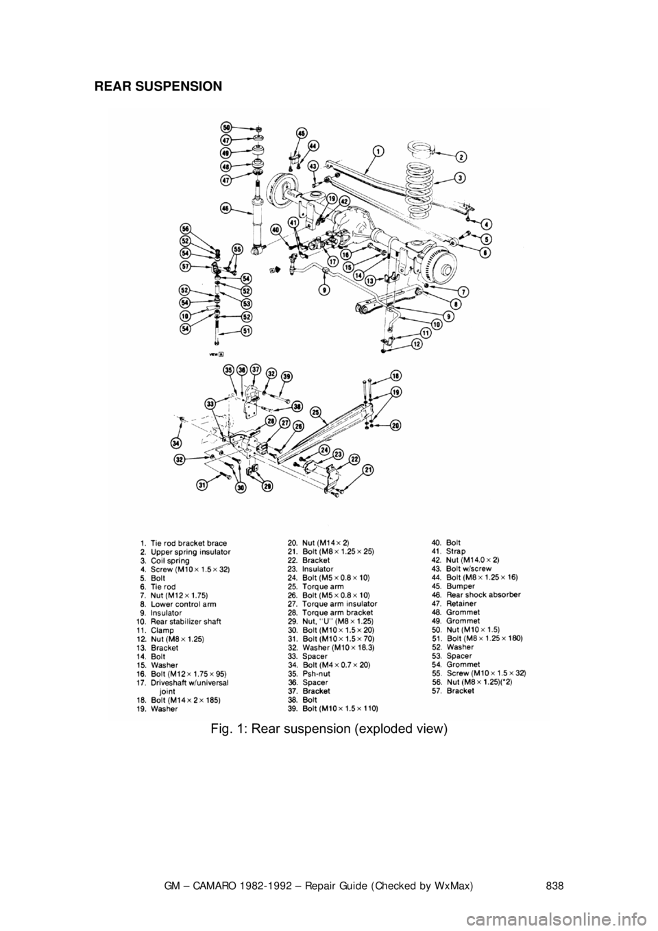 CHEVROLET CAMARO 1982  Repair Guide 
GM – CAMARO 1982-1992 – Repair Guide (Checked by WxMax) 838
REAR SUSPENSION  
 
Fig. 1: Rear suspension (exploded view) 
 
 
 
 
 
  