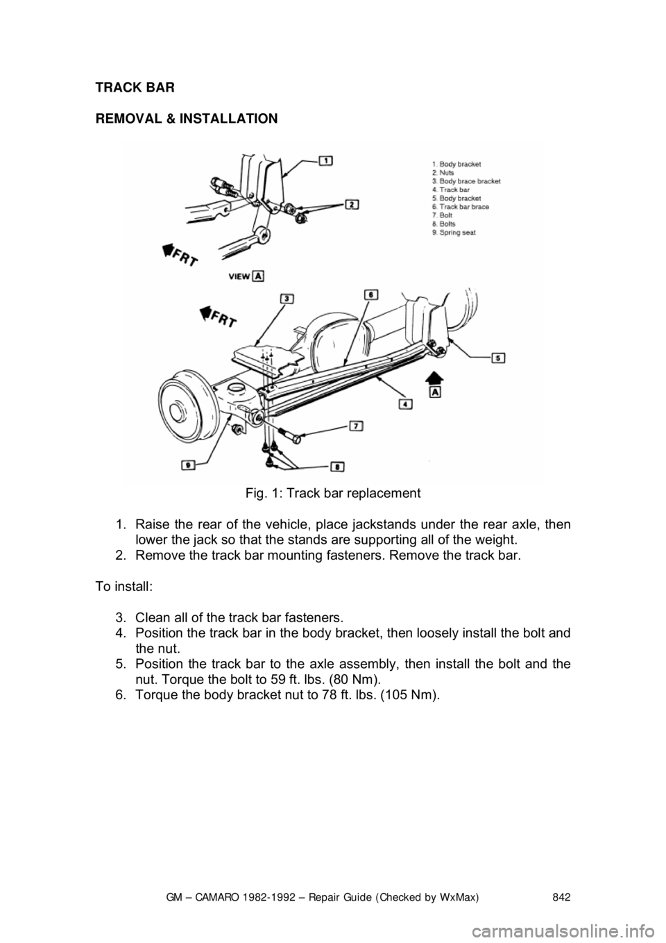 CHEVROLET CAMARO 1982  Repair Guide 
GM – CAMARO 1982-1992 – Repair Guide (Checked by WxMax) 842
TRACK BAR 
REMOVAL & INSTALLATION  
 
Fig. 1: Track bar replacement 
1.  Raise the rear of the vehicle, pl ace jackstands under the rea