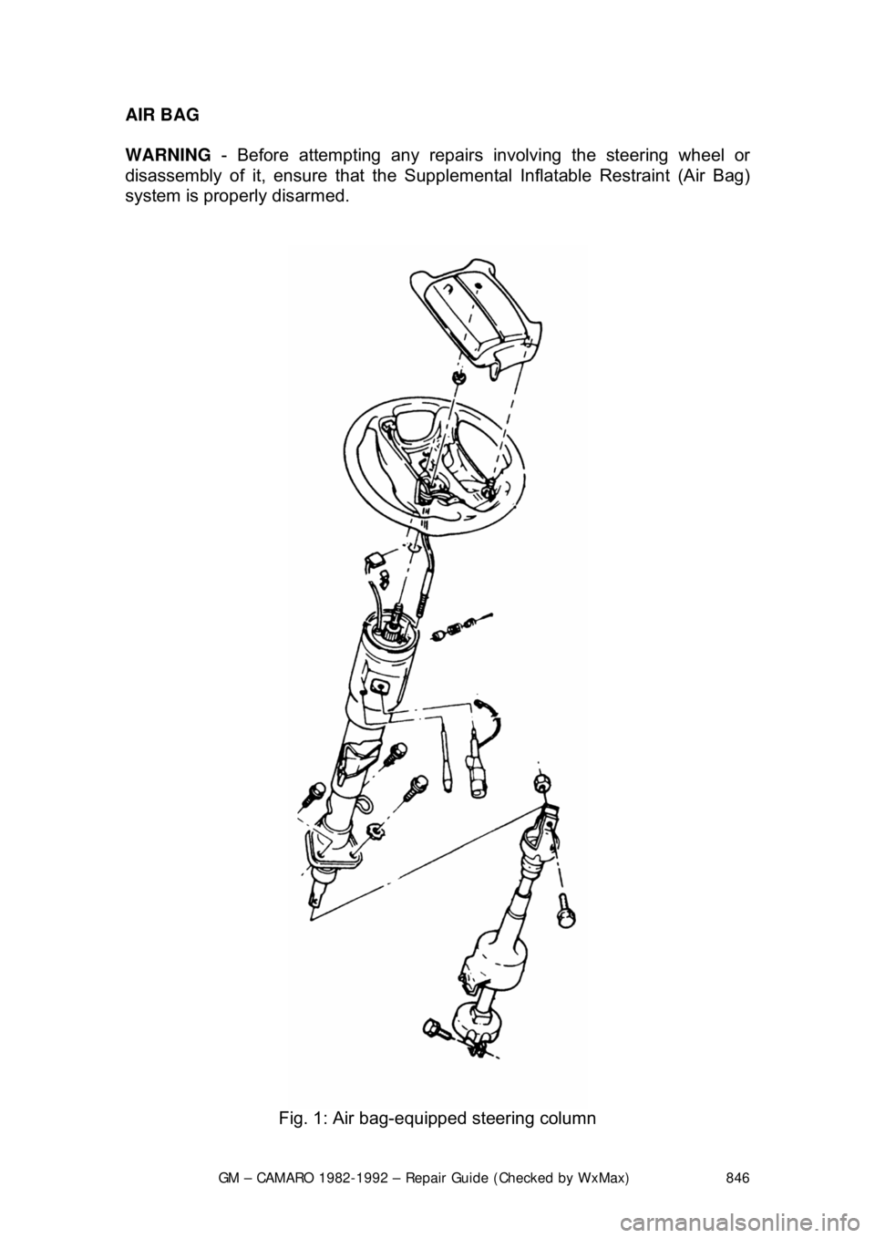 CHEVROLET CAMARO 1982  Repair Guide 
GM – CAMARO 1982-1992 – Repair Guide (Checked by WxMax) 846
AIR BAG 
 
WARNING
 - Before attempting any repairs  involving the steering wheel or 
disassembly of it, ensure that the Supple mental 