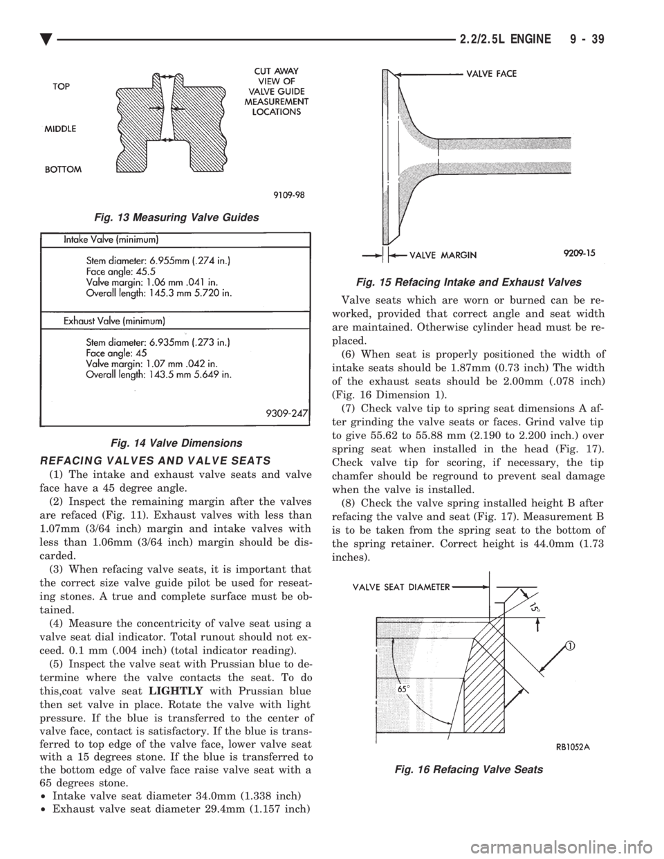 CHEVROLET DYNASTY 1993  Service Manual REFACING VALVES AND VALVE SEATS
(1) The intake and exhaust valve seats and valve 
face have a 45 degree angle. (2) Inspect the remaining margin after the valves
are refaced (Fig. 11). Exhaust valves w