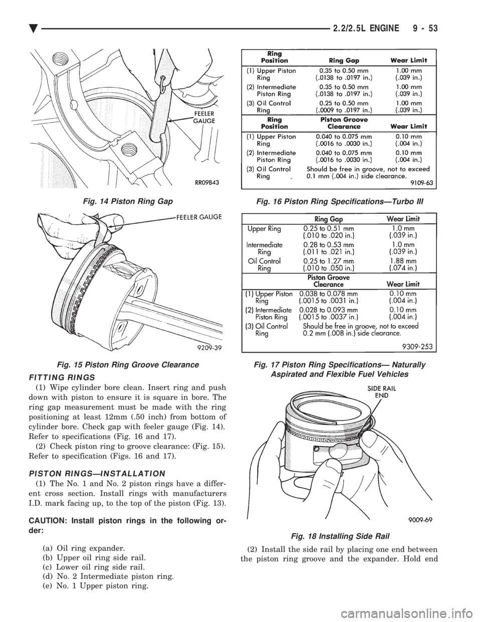 CHEVROLET DYNASTY 1993 Service Manual FITTING RINGS
(1) Wipe cylinder bore clean. Insert ring and push
down with piston to ensure it is square in bore. The
ring gap measurement must be made with the ring
positioning at least 12mm (.50 in CHEVROLET DYNASTY 1993 Service Manual FITTING RINGS
(1) Wipe cylinder bore clean. Insert ring and push
down with piston to ensure it is square in bore. The
ring gap measurement must be made with the ring
positioning at least 12mm (.50 in