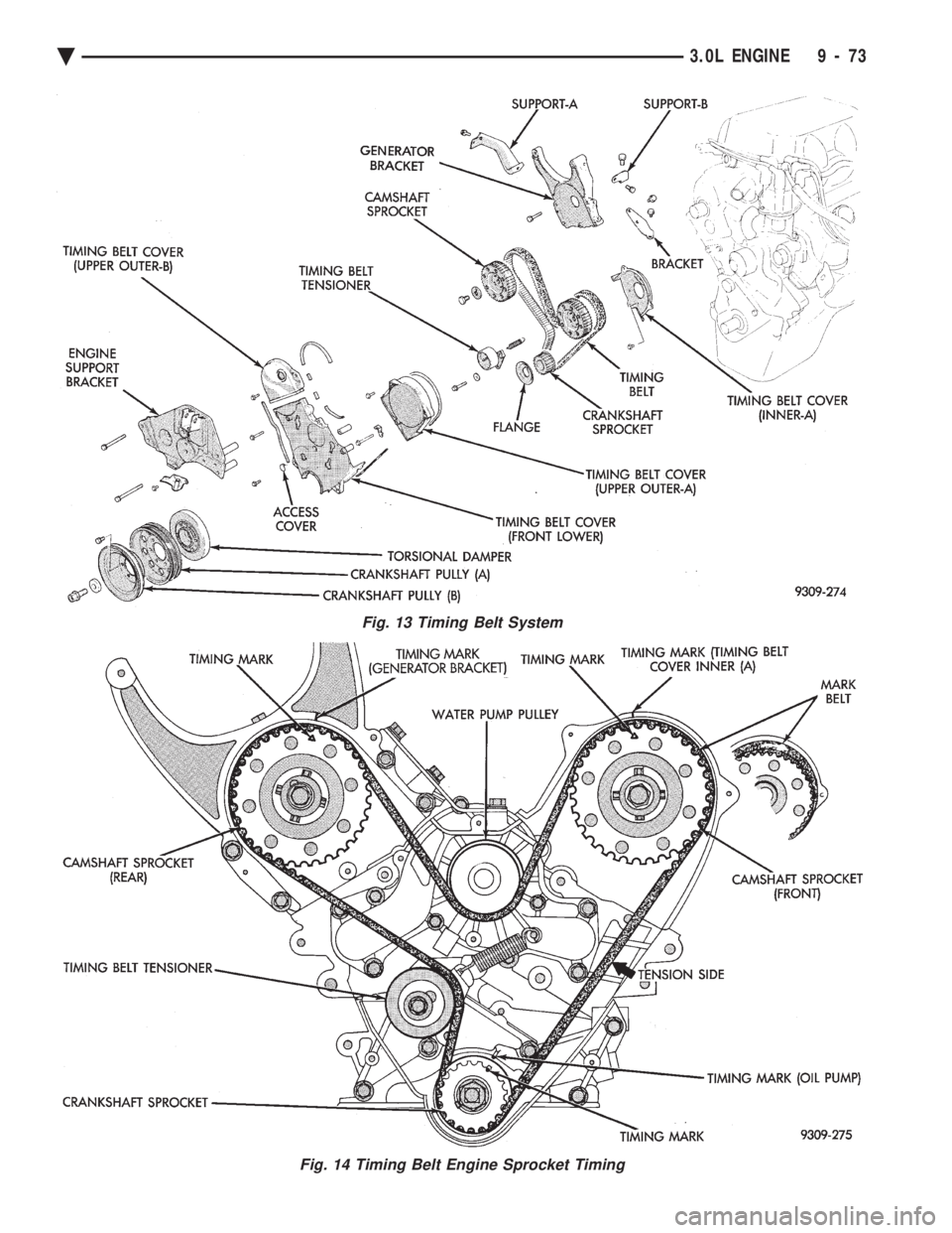 CHEVROLET DYNASTY 1993  Service Manual Fig. 13 Timing Belt System
Fig. 14 Timing Belt Engine Sprocket Timing
Ä 3.0L ENGINE 9 - 73 